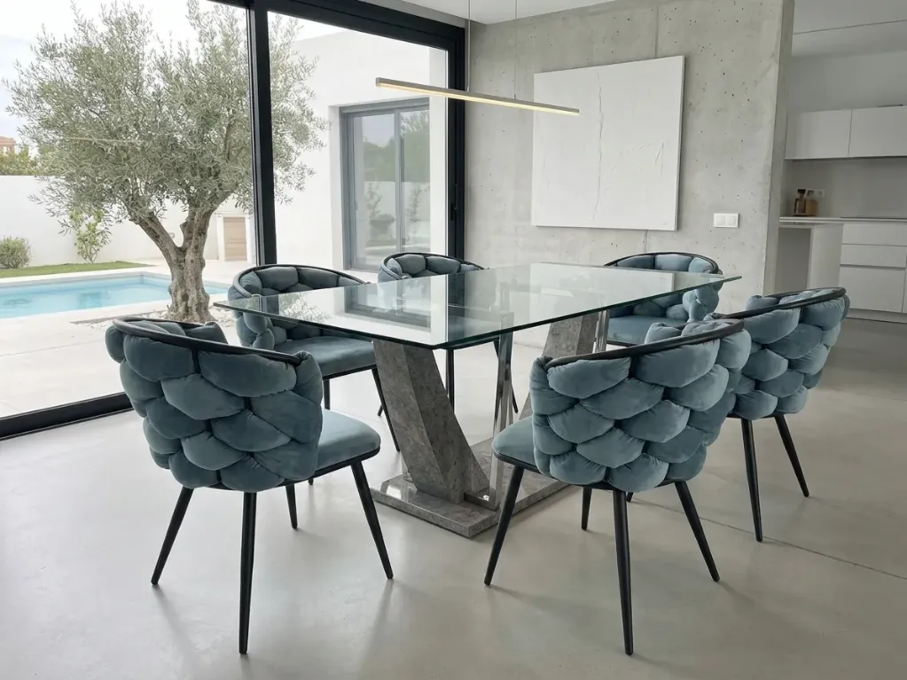 Comedor "Arco de cristal" + 6 sillas Trenzadas de Terciopelo